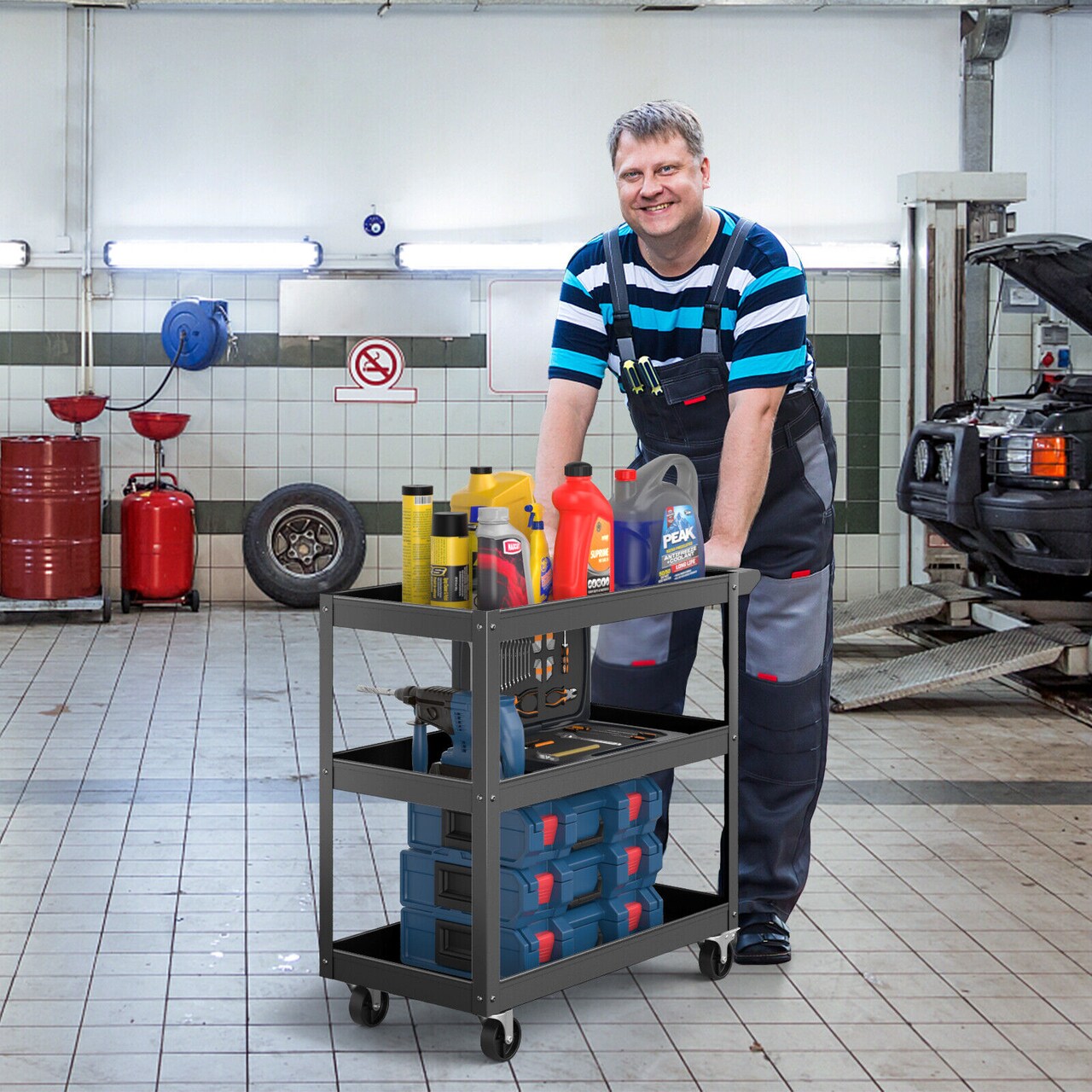 3-Tier Metal Utility Cart Trolley Tool with 2 Lockable Universal Wheels Perfect for Kitchens and Offices or Workshops
